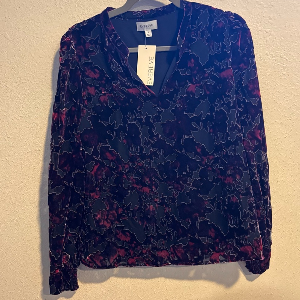 Evereve Dark Floral Jesse Burnout Velvet Blouse Small NWT Pink Black Burgundy